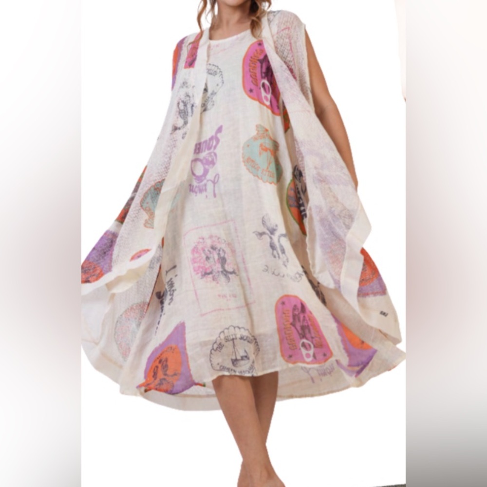 Sleeveless Cream Patch-Print Cotton Dress